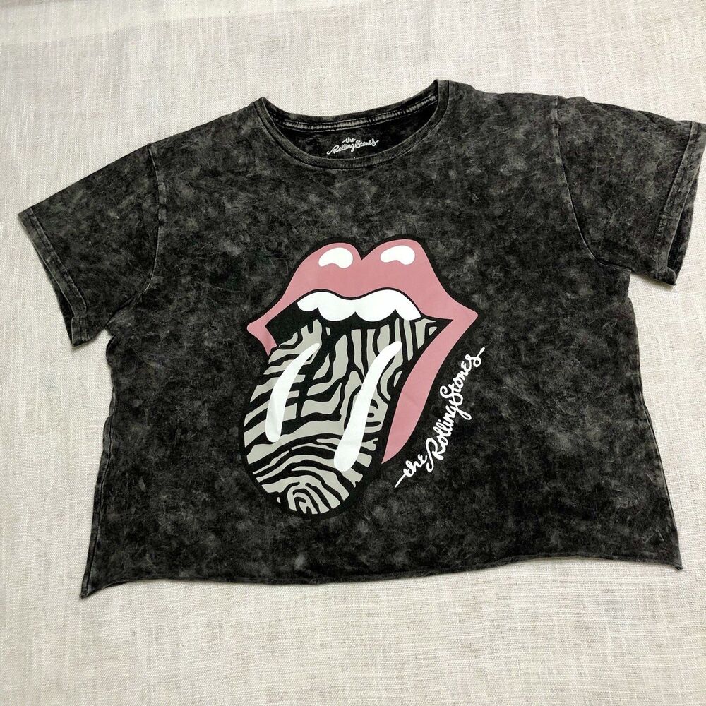 The Rolling Stones Shirt Women L Pink Lips Zebra Acid Wash Crop Graphic Band Tee